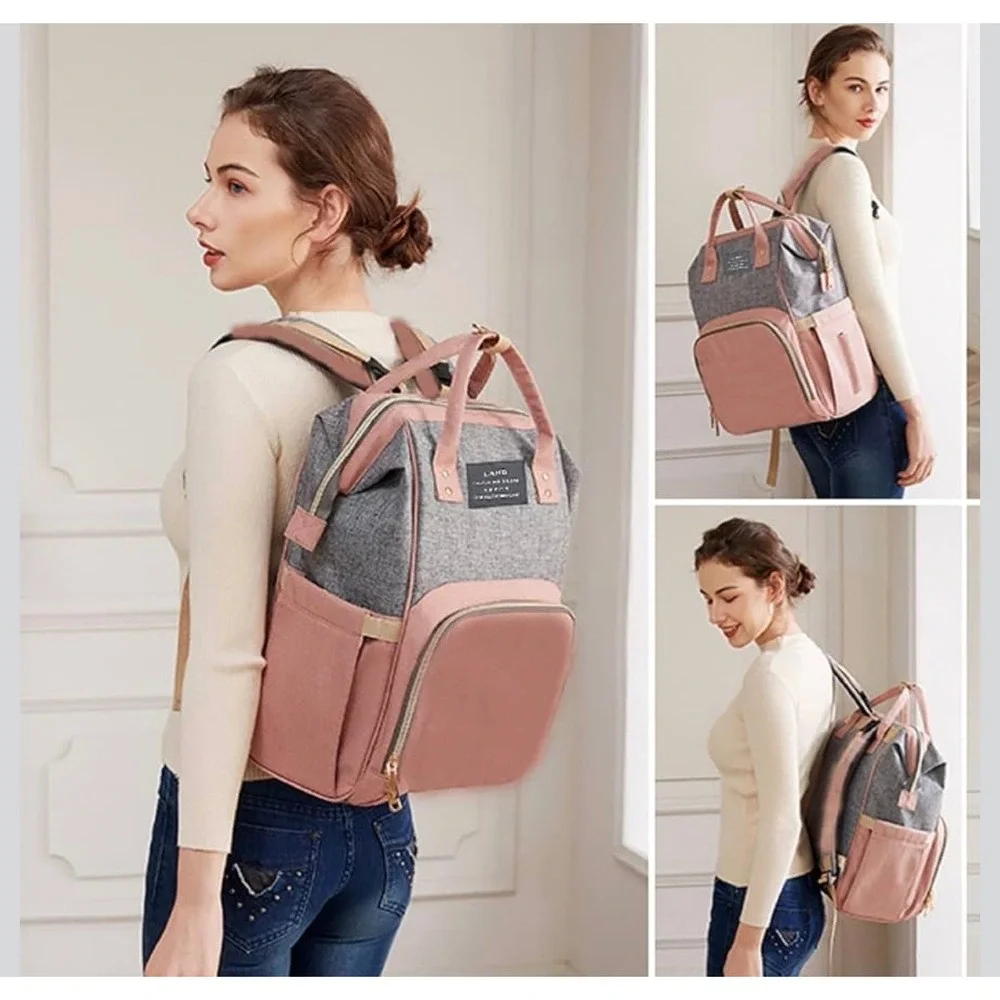 LAND 3-in-1 Diaper Bag Backpack Portable Bassinet Changing Station Pink Grey
